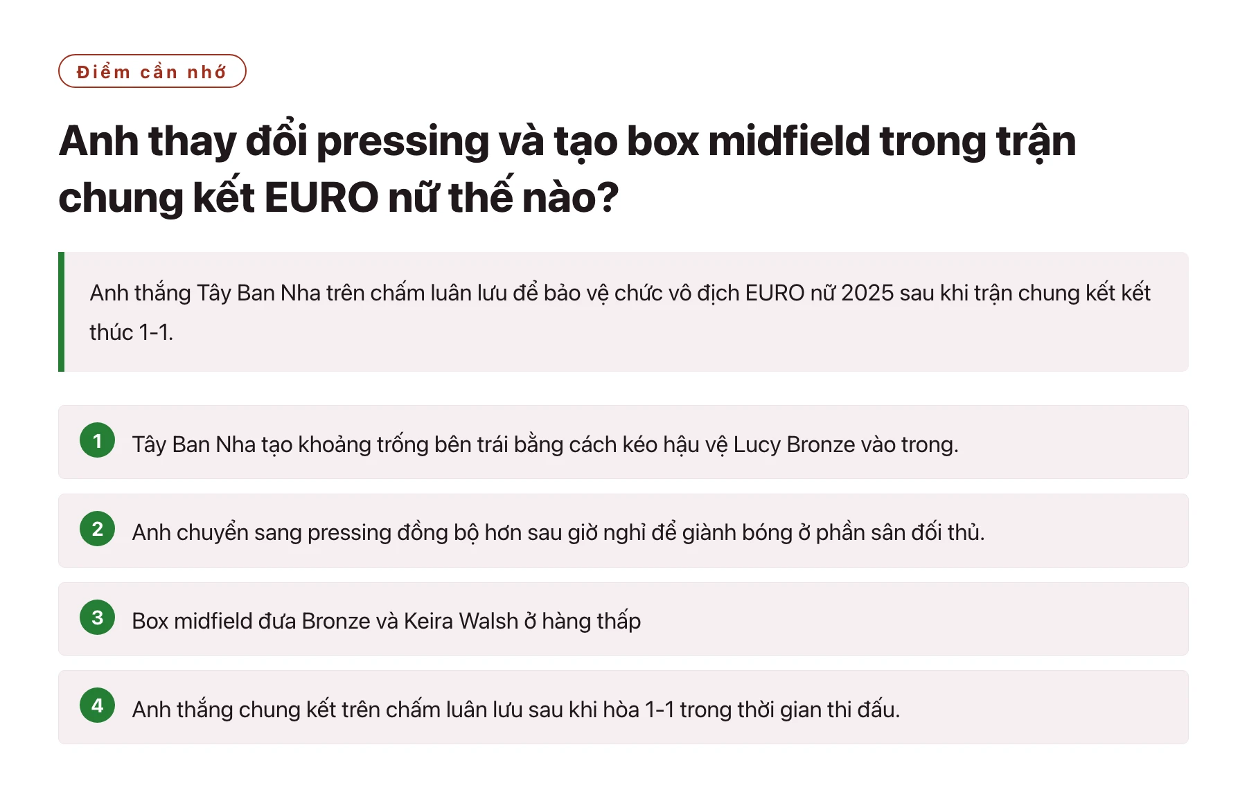 Anh thay đổi pressing và tạo box midfield trong trận chung kết EURO nữ thế nào?——全文要点速览