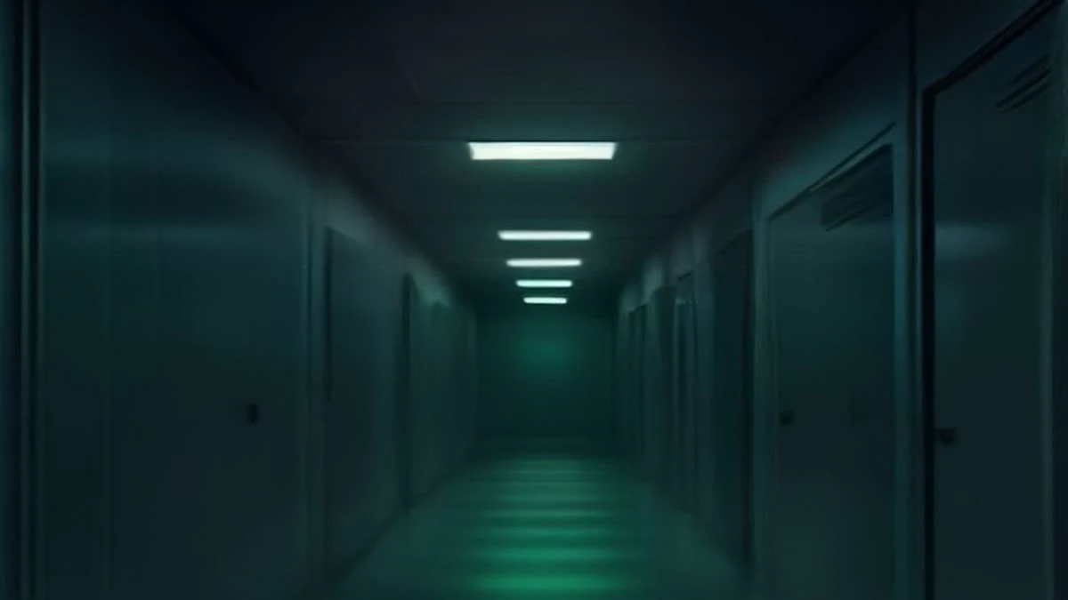 A night view down a symmetrical data centre corridor lined with green status LEDs under flat diffuse light